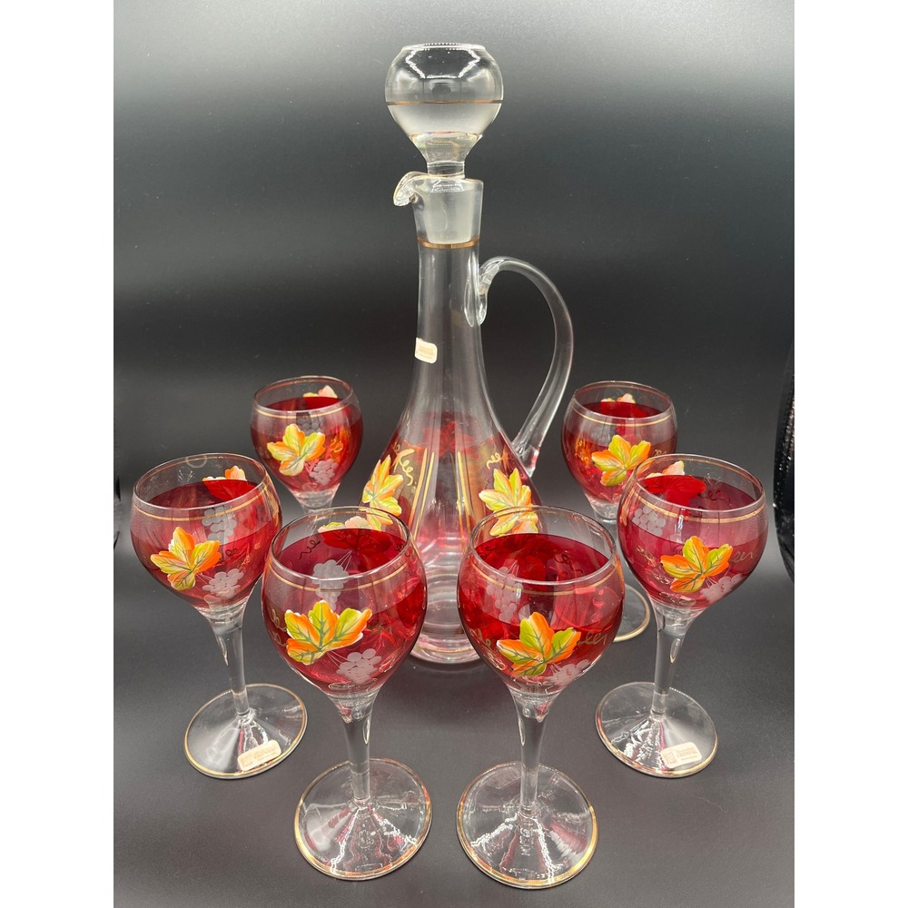 Vintage‎ Crystal Wine Pitcher Decanter 6 Stemware Glasses Ruby Flash Romania